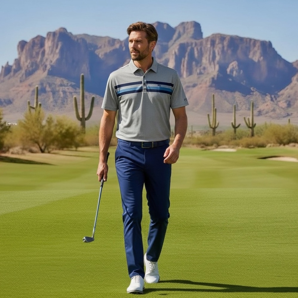 TravisMathew Private Dock Golf Polo Shirt XXL Gray Blue Stripes